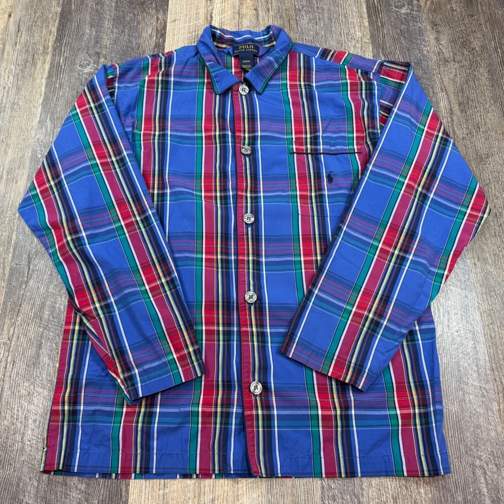 Polo Ralph Lauren Sleep Top Mens Medium Blue Plaid Button Front Cotton Pajama